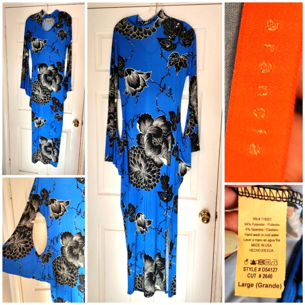 Fitted, Maxi, Attached-Long-Sleeve, Unique, Mock-Turtleneck Dress, Size L